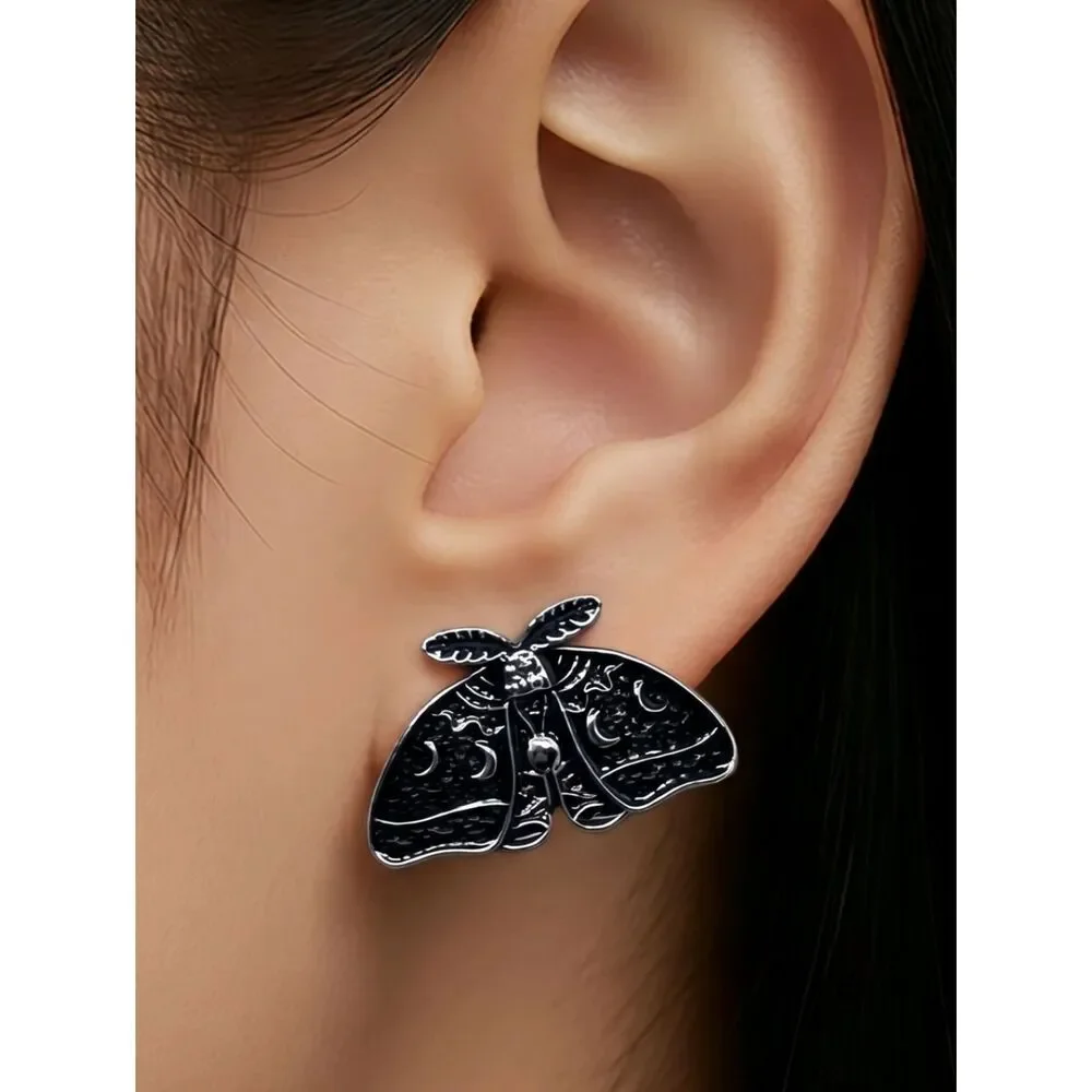 Luna Moth Stud Earrings Antique Silver Moon Phase Celestial Gothic Nature